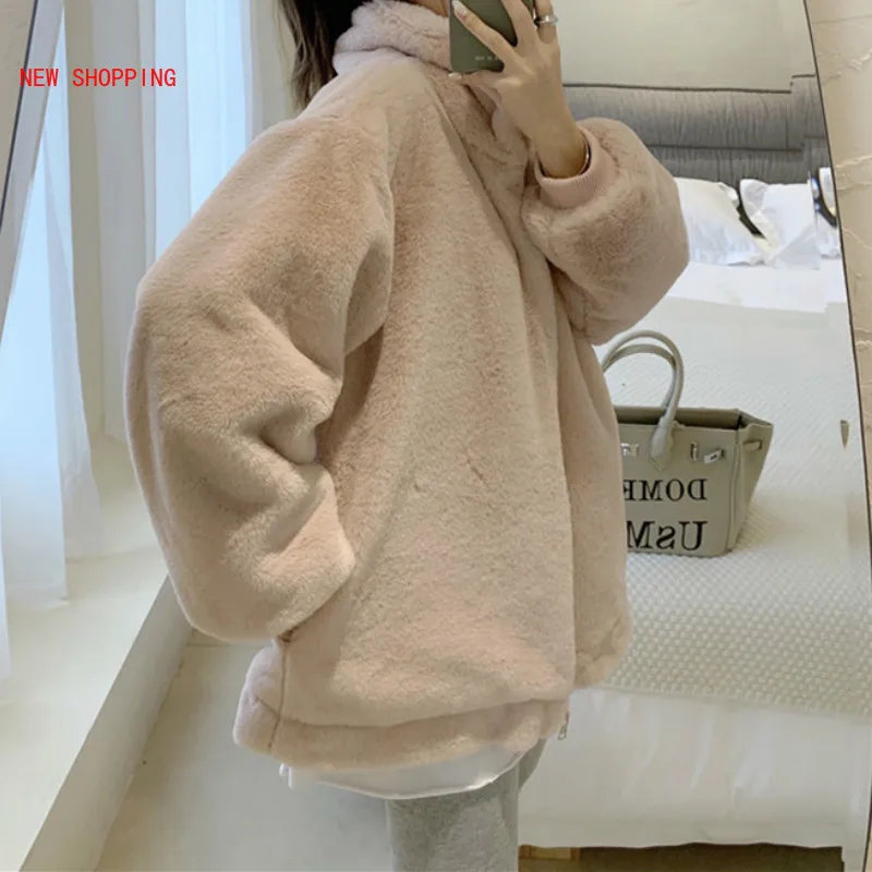 Beige Stand Collar Short Faux Fur Coat Thick 2022 New Winter Warm Plush Women's Jacket Korean Elegant Zipper Furry Outwear Pink