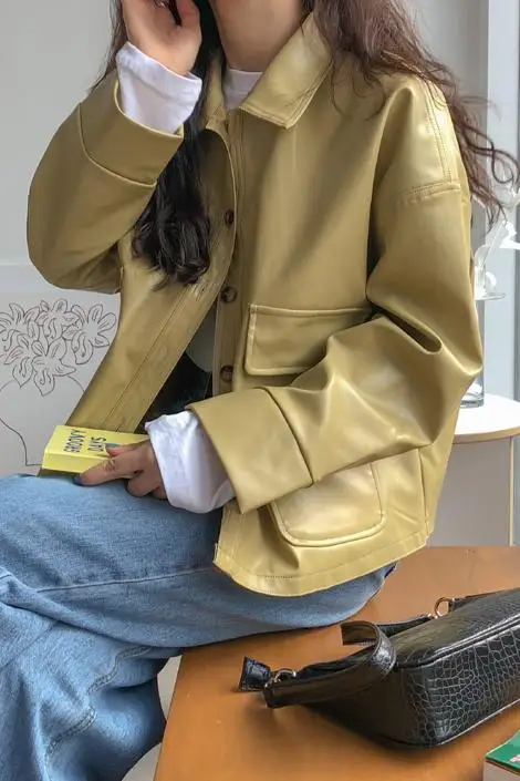 

2021 Spring Casual Women Pu Leather Jacket Long Sleeve Yellow Blue Short Motorcycle Jacket Coat