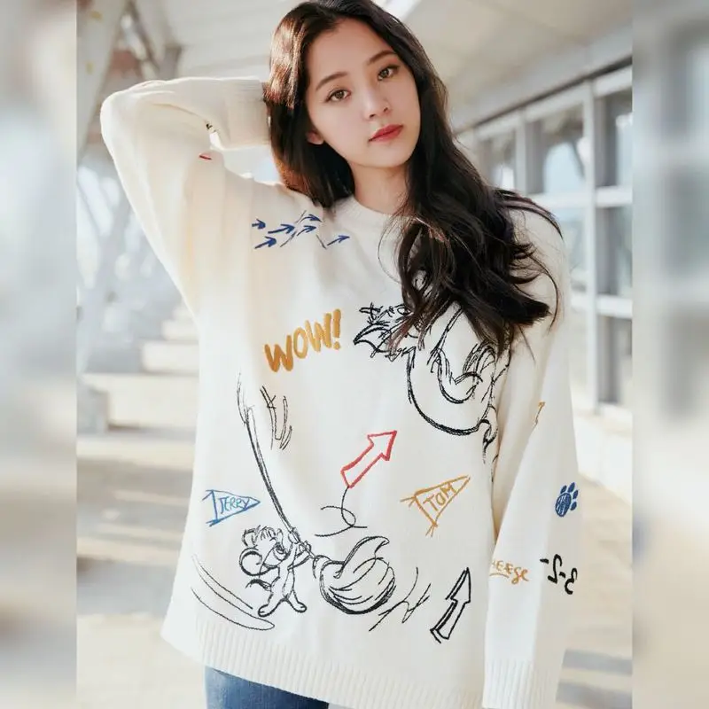

Wool Sweater Loose Graffiti Female Round Neck 2020 Autumn All-match Casual Design Knitted Cotton Sweater