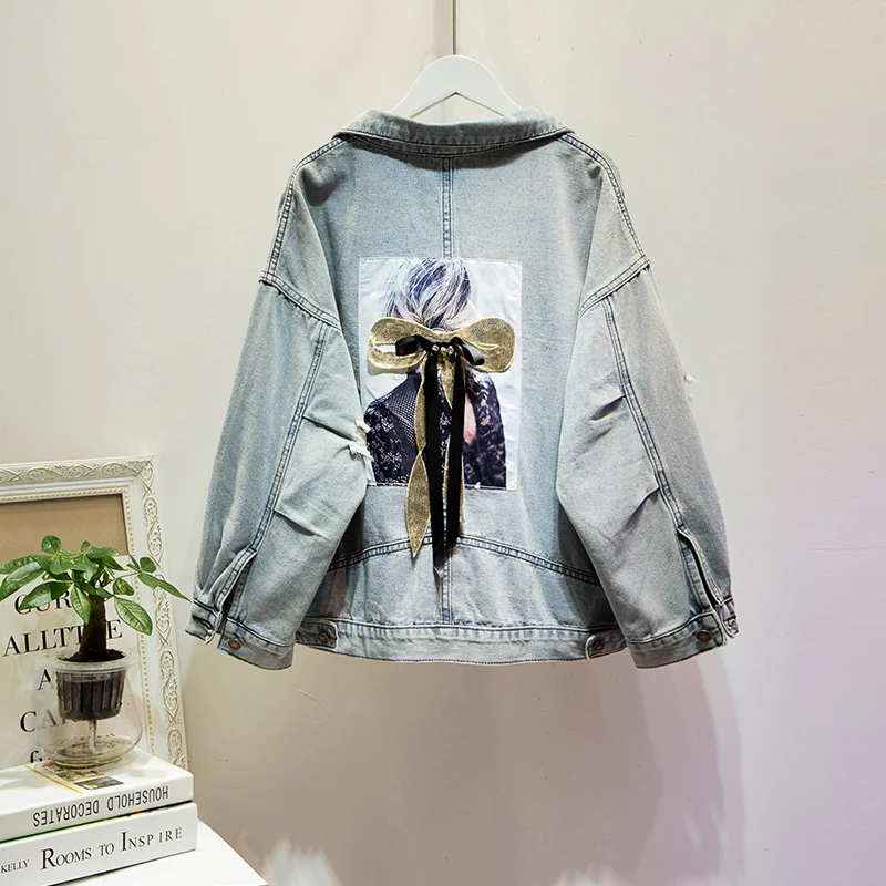 

Loose Denim Jacket Thin Section Fashion Decal Embroidery Pattern Lapel Blue 2021 Autumn Denim Coat 5XL Clothes