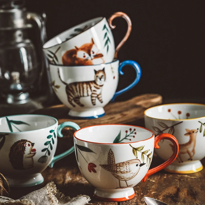 

Hand Painted Porcelain Cat Fox Bird Hedgehog Deer Mugs Microwave Safe Vintage Kitchen Drinkware Cute Coffee Milk Oatmeal Tea Cup