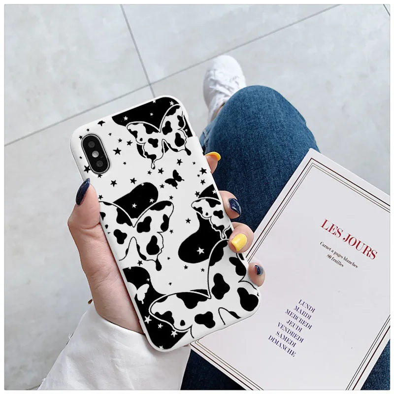 

Black White Cow Pattern Butterfly Phone Case for iPhone Xs MAX Xr X 6S 7 8 plus SE 2020 11 12 pro MAX Soft TPU Phone Back Cover