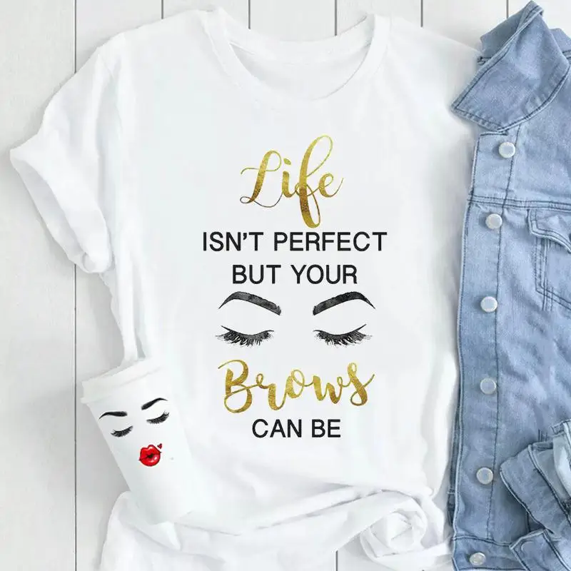 

Милые трендовые футболки с надписью, мультяшная Женская Повседневная модная одежда в стиле 90-х с принтом ресниц, футболка с графическим рис...
