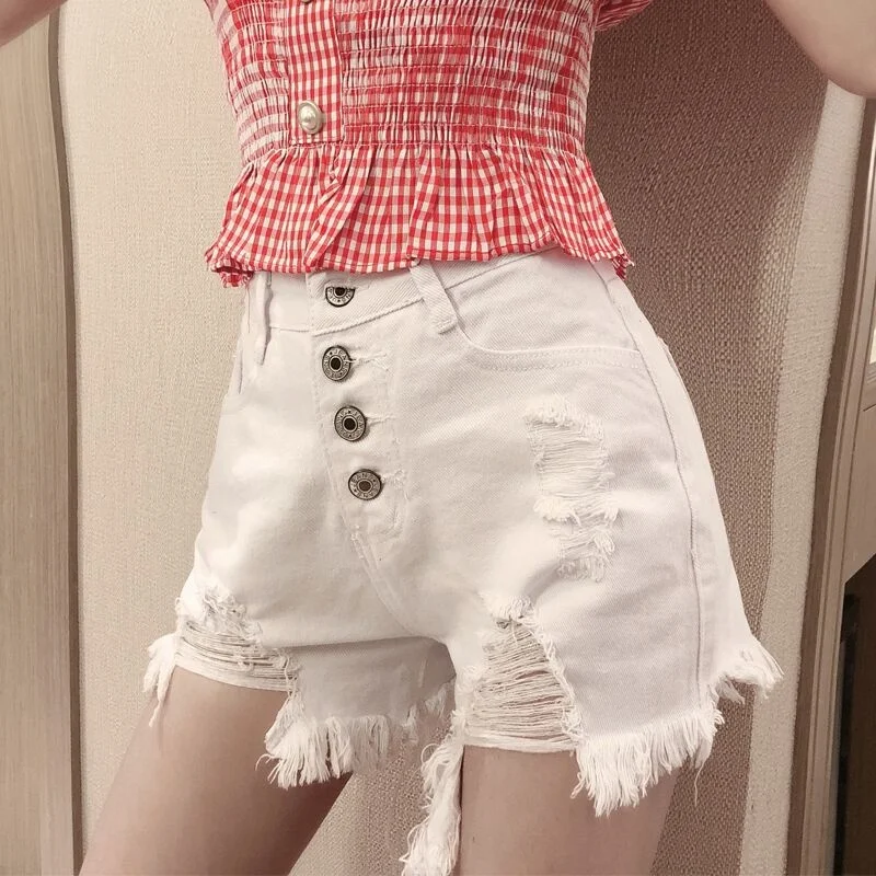 

2021sexy Internet Hot New Trendy Ins Xuan Ya High Waist Slimming Summer Ultra Short Button Denim Broken Holes Pants Women