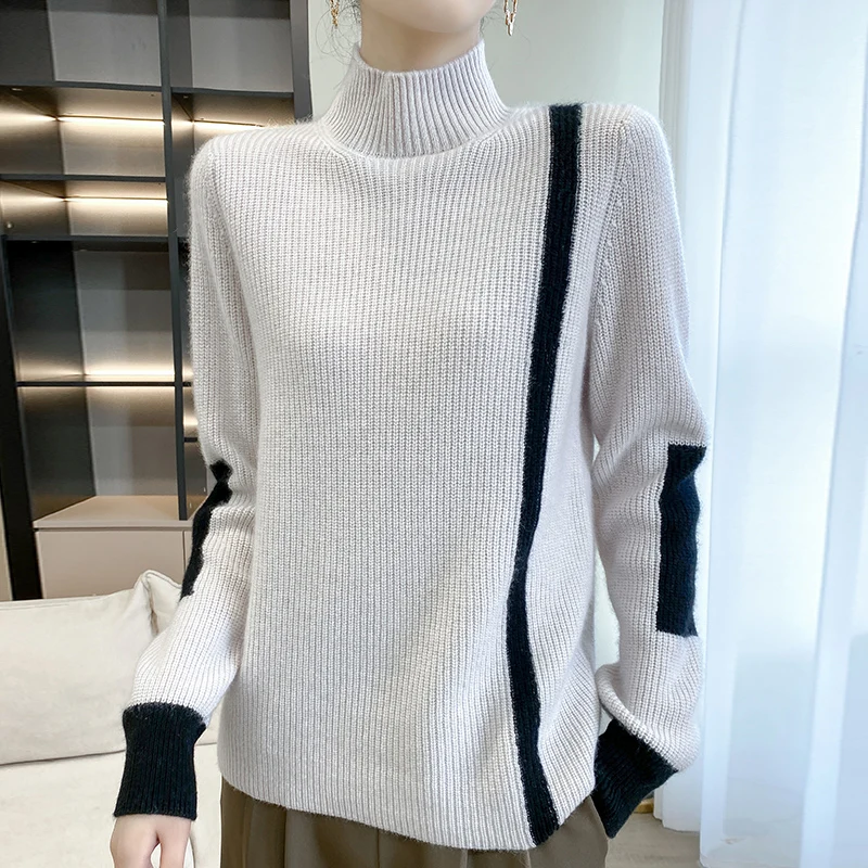 Autumn and Winter New Woolen Sweater Women's Half High Neck Thick Knitted Pullover Fashion Color Matching Loose Bottoming Shirt
