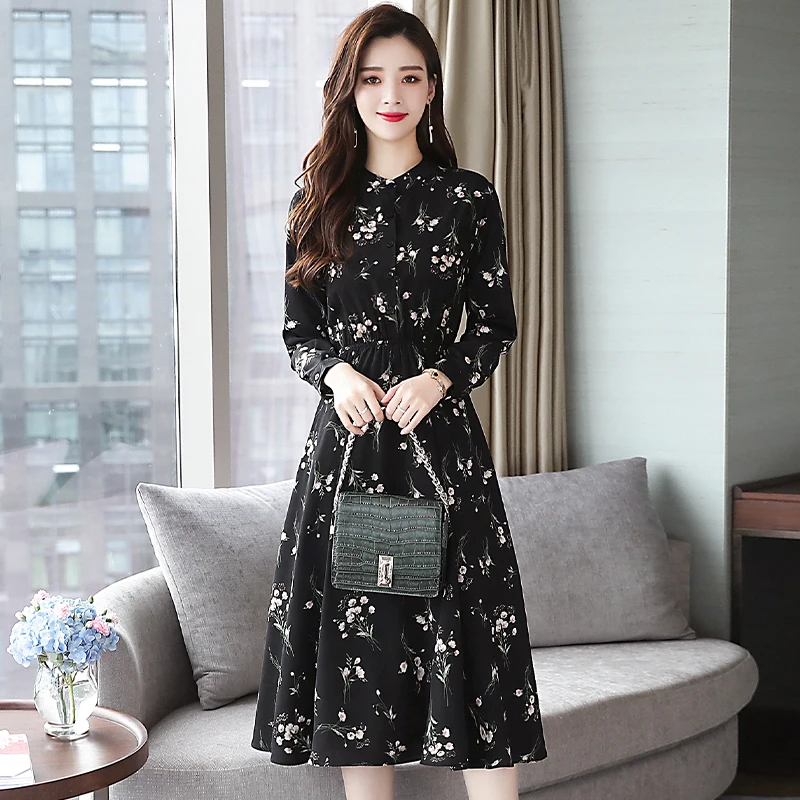 

Autumn Women Dress Printed Vintage Black Floral Chiffon Elastic Waist Boho Midi Dresses Elegant Women Party Long Sleeve Dress