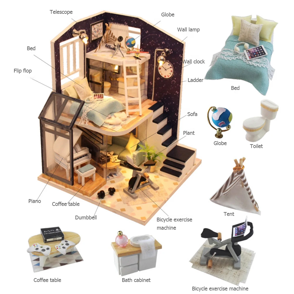 

Кукольный домик «сделай сам», деревянная миниатюрная модель мебели ручной сборки, креативная светодиодная подсветка, яркая звезда, мини ку...