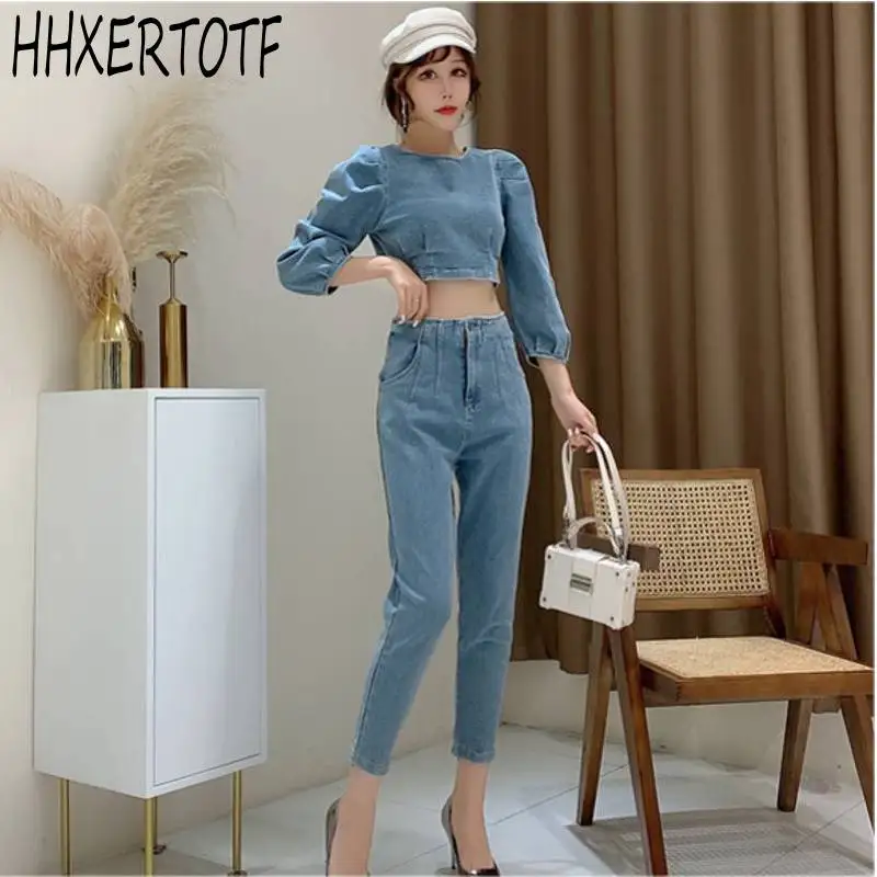 

Комплект из двух предметов женский из двух предметов, пикантный модный топ с круглым вырезом и рукавом 3/4 и джинсовые брюки-карандаш с завыш...
