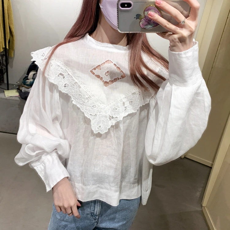 

Women Hollow Out Linen Blouse Lantern Sleeve Loose 2021 Early Autumn Simple Ladies White Black Shirt and Tops Female Clothes