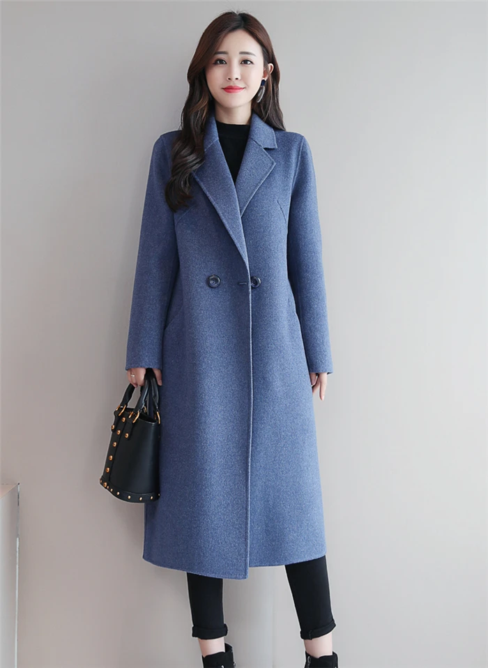 Women Woolen Coat Autumn Winter New Double-breasted Long Sleeve Loose Coats Turn-Down Collar Outwear Plus Size S~3XL