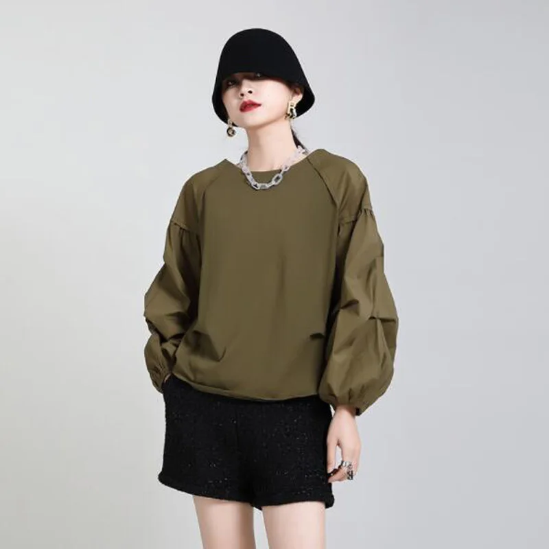 

Cultiseed Women Spring New Pleated Lantern Sleeve Pullovers T-Shirts Clothes Female New Fashion Loose Casual Solid Coat Tees