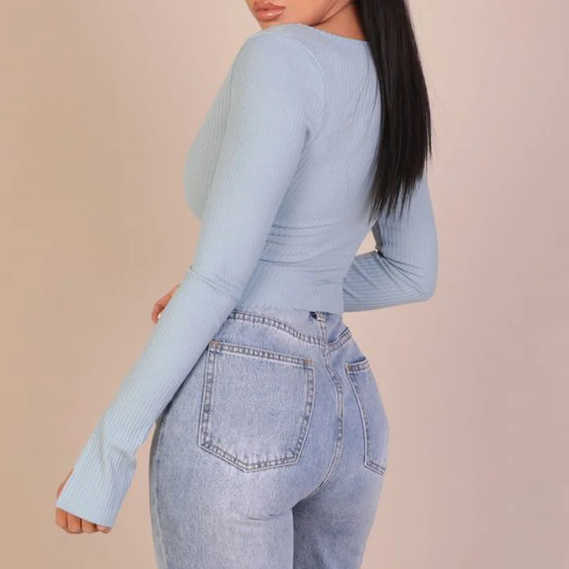 

Ribbed Knitted T-shirt Women 2021 New Solid Sexy O Neck Split Long Sleeve Top Women Spring Autumn Zipper Slim Patchwork T Shirts