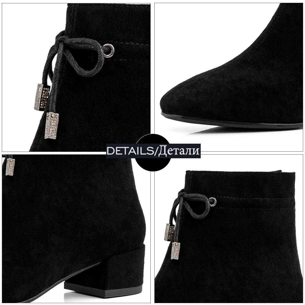 

WETKISS Ankle Boots Woman Cross Tied Square Toe Short Booties Zipper Chunky Heels Shoes Women Autumn Flock Med Heels Big Size