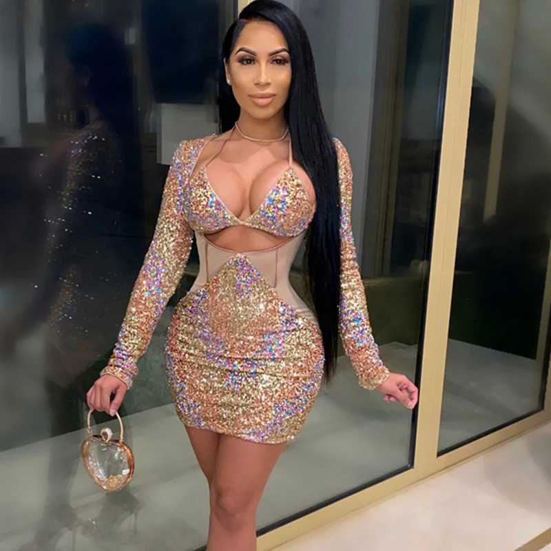 

Glitter Sexy Sequin Dress Women Party Night Club Bodycon Dress Long Sleeve Birthday Outfits for Women Elegant Christmas Dress