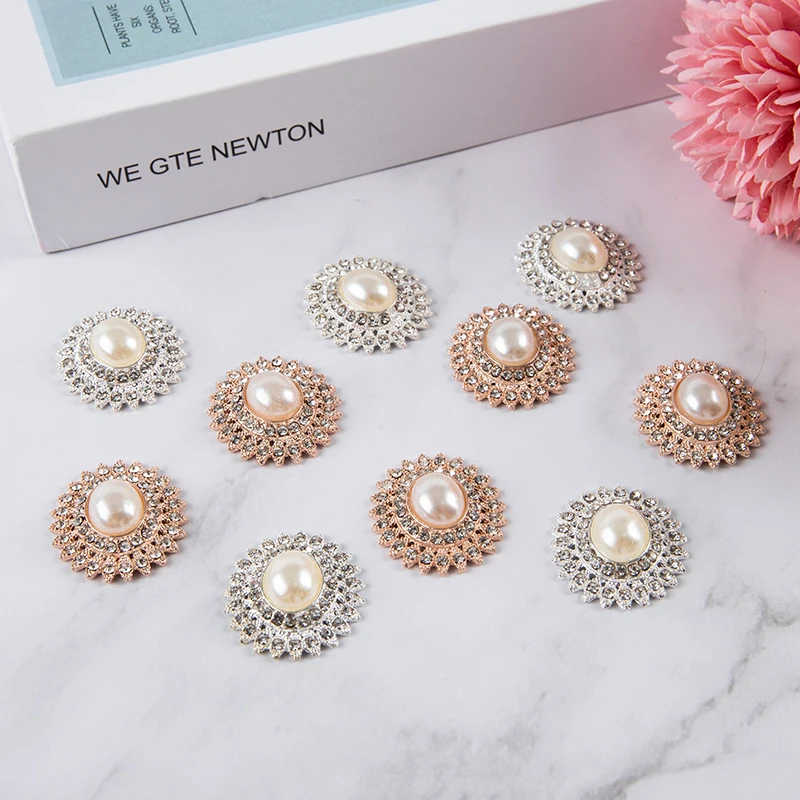 

27x24mm 10pcs Button Decorative for Craft Rhinestone Gold Flatback Embellishment Pearl Crystal Bouton DIY Decoration