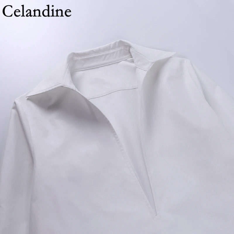 

Celandine Autumn Winter Fashion Vintage V Neck White Blouse Women Long Sleeve Elegant Casual Shirt Loose Oversized Tops 2020