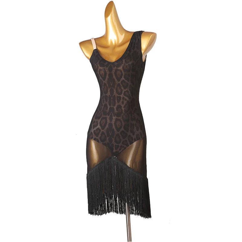 

New Women Latin Dance Dress Mesh Leopard Rumba Chacha Dance Tassel Dress Costumes