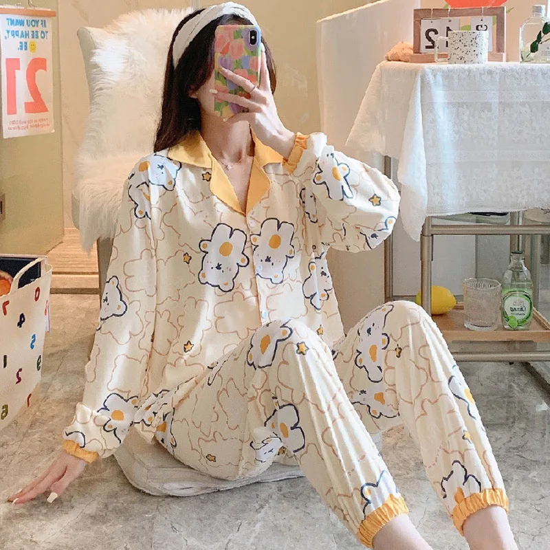 Women's Pajamas Set Long-sleeved Cartoon Cardigan Autumn and Winter Women Home Service Suit Clothes Sleepwear pijama feminino