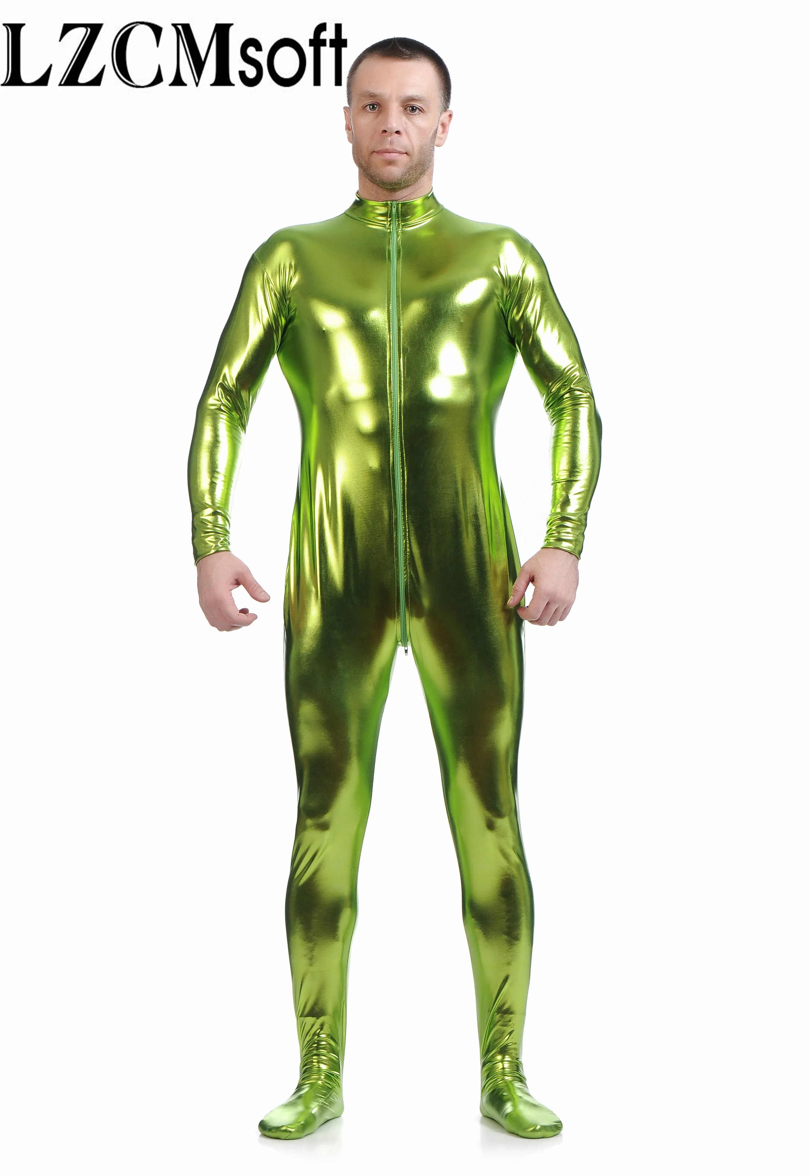 

LZCMsoft Men Gold Shiny Zentai Suit without Head Adults Mock Neck One Piece Second Skin Tights Zentai Bodysuits Crotch Zipper