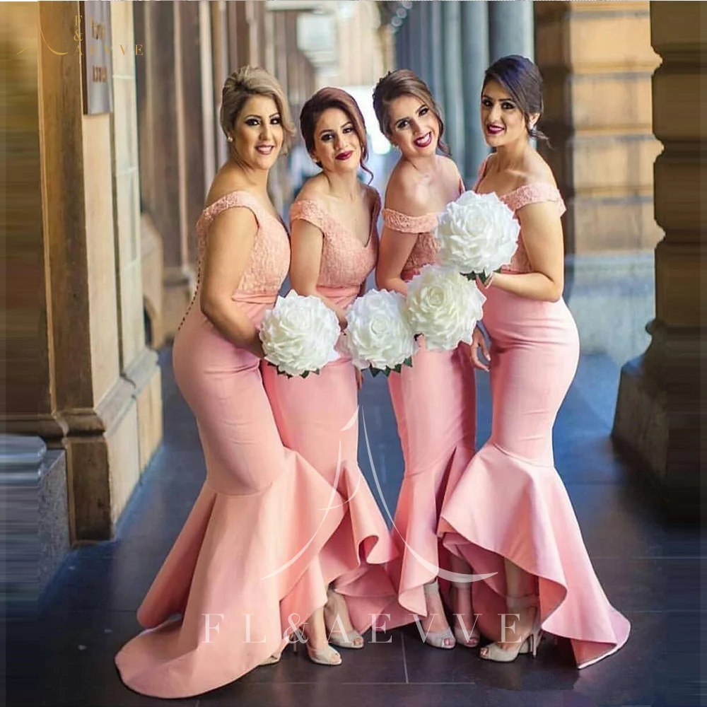 

Fashion Pink Lace Mermaid Bridesmaid Dresses Off the Shoulder V-neck Wedding Party Gowns Plus Size Women Occasion Dress