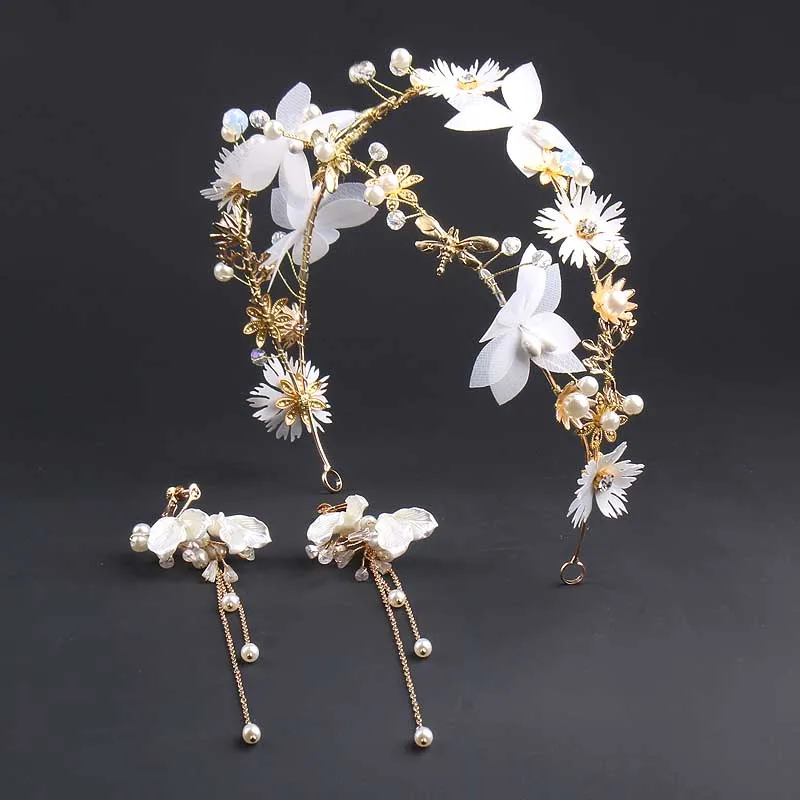 

Flower Headbands Crystal Wedding Accessories With Earrings Pearl Hair Vines Handmade Women Jewelry