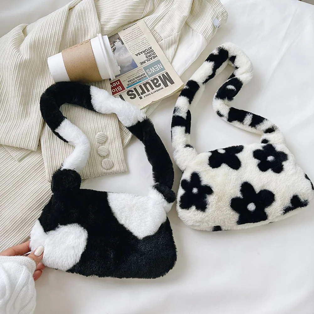 

Fashion Flower Love Heart Printing Women Underarm Shoulder Bags Autumn Winter Plush Ladies Casual Small Shoulder Handbags Tote
