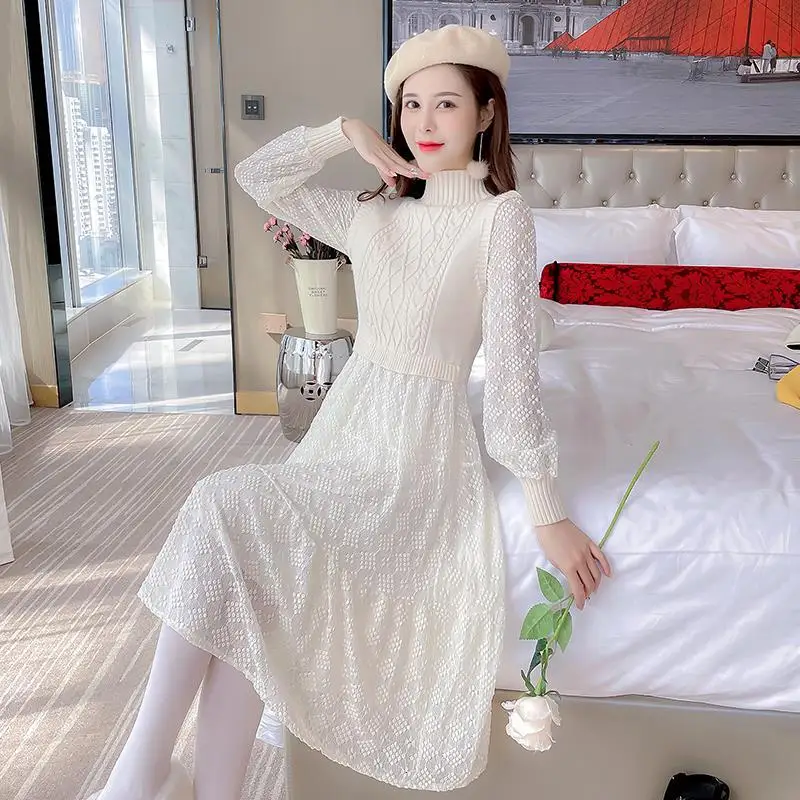 

Autumn Winter Clothing Woolen Skirt Stitching Lace Dress for Women New Dresses for Women Vestido De Mujer
