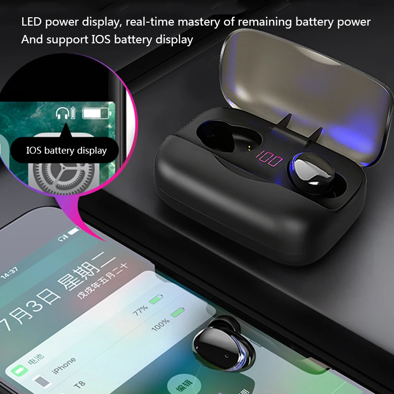 Bluetooth наушники true V5.0 Беспроводная Спортивная гарнитура с длительным временем ожидания светодиодный сенсорный IPX7 водонепроницаемые наушники с внешним аккумулятором для xiaomi