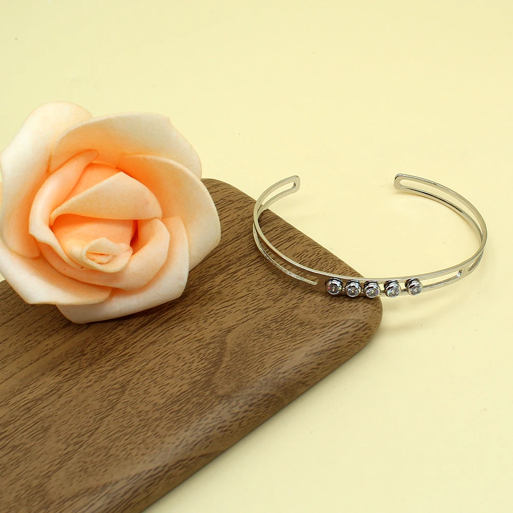 

Trendy Simple Adjustable Silvery Geometric Zirconia Cuff Bangles Elegant Fashion High Quality Jewelry Bracelet Gift for Women