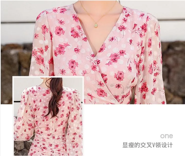 

2020 Autumn Winter Women Long Dress Floral Printed V-neck Drawstring Ruffles Mermaid Dress Elegant Korean Party Dresses Vestidos