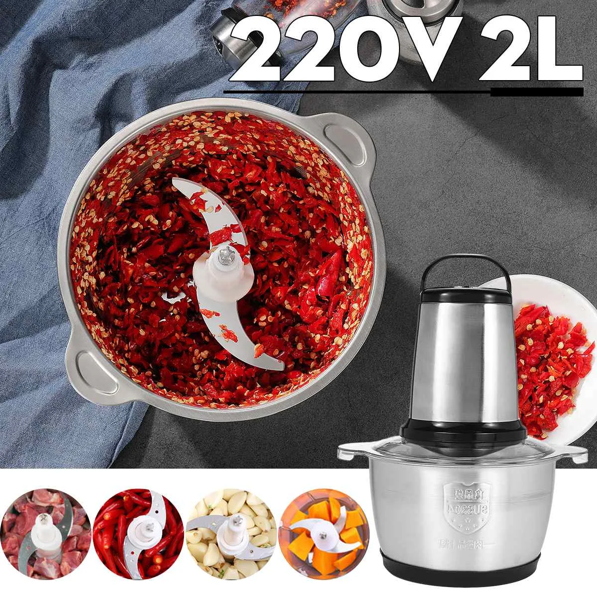 

2 Speeds 500W Stainless steel 2L Capacity Electric Chopper Meat Grinder Mincer Food Processor Slicer 220V