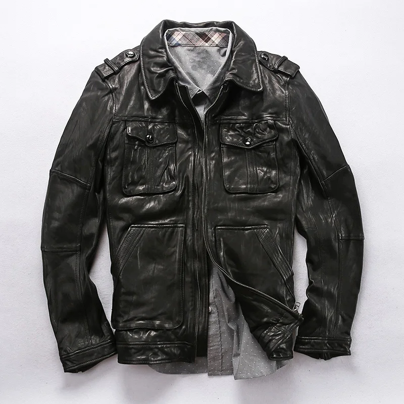 Мужская мотоциклетная куртка из козьей шкуры с карманами в стиле сафари черное