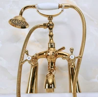 polished gold color brass deck mounted clawfoot bathroom tub faucet dual cross handles telephone style hand shower head ana146