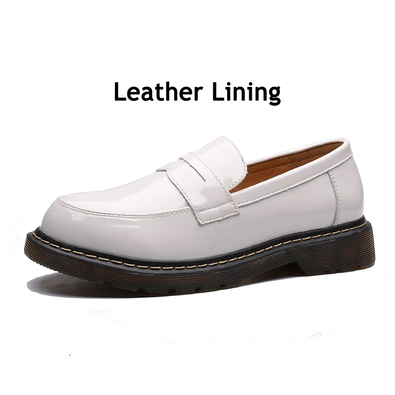 White Leather Lining Женские туфли-оксфорды в британском стиле ретро; обувь из натуральной кожи; женская обувь на плоской подошве без застежки; женские туфли на плоской подошве с круглым носком; женские лоферы; оксфорды - Цвет: White Leather Lining