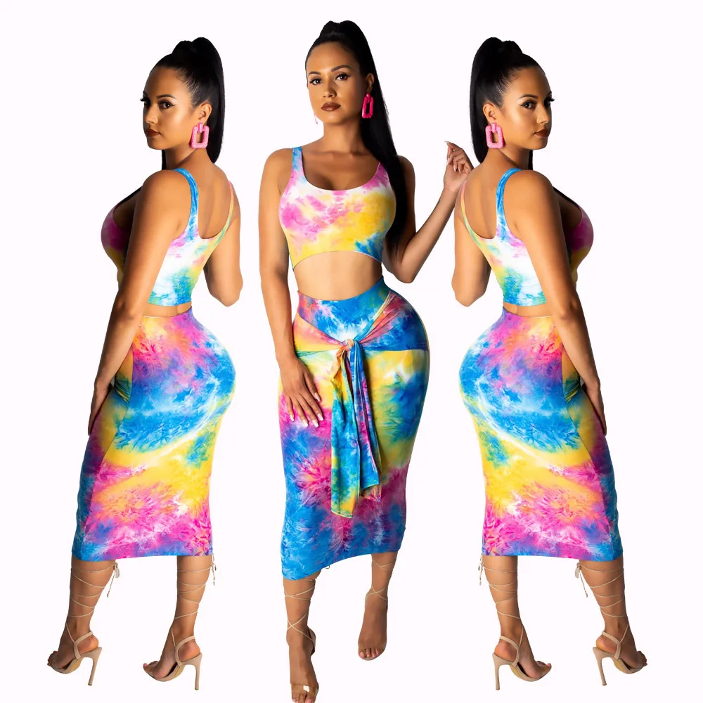 

2021 Summer New Style Sexy Temperament Fashion Tie-Dye Sleeveless Vest Long Skirt Suit Two-Piece Suit