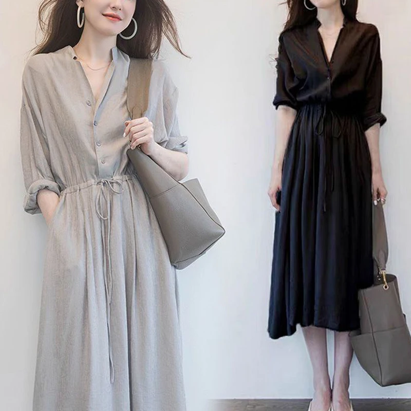 

Newly New 2021 Women Spring Summer Dresses Solid Casual Buttons Up Fashionable V-Neck Vintage Oversize Long Dress DO99