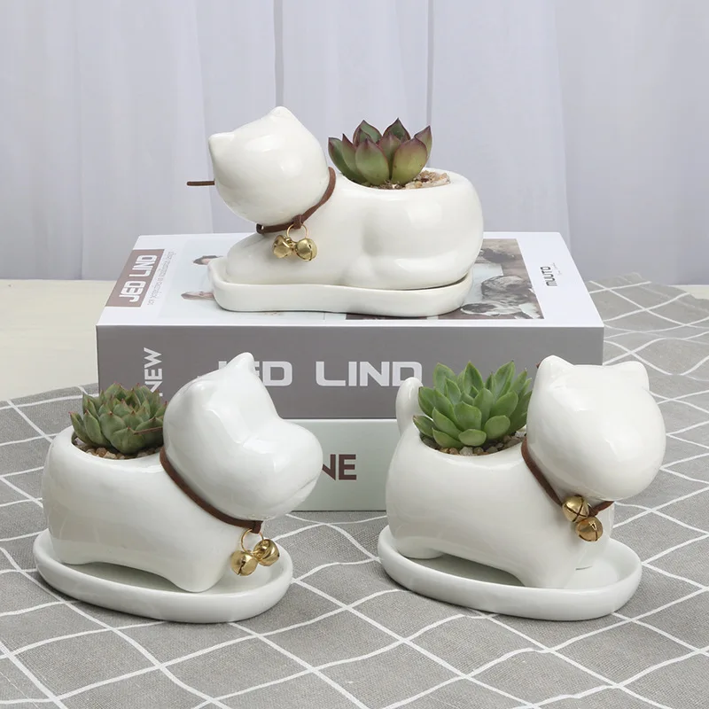 

Glazed Ceramic Flower Pot Cute Animal Planter With Plate Fairy Garden Decoration Accesories White Porcelain Succulent Flowerpots