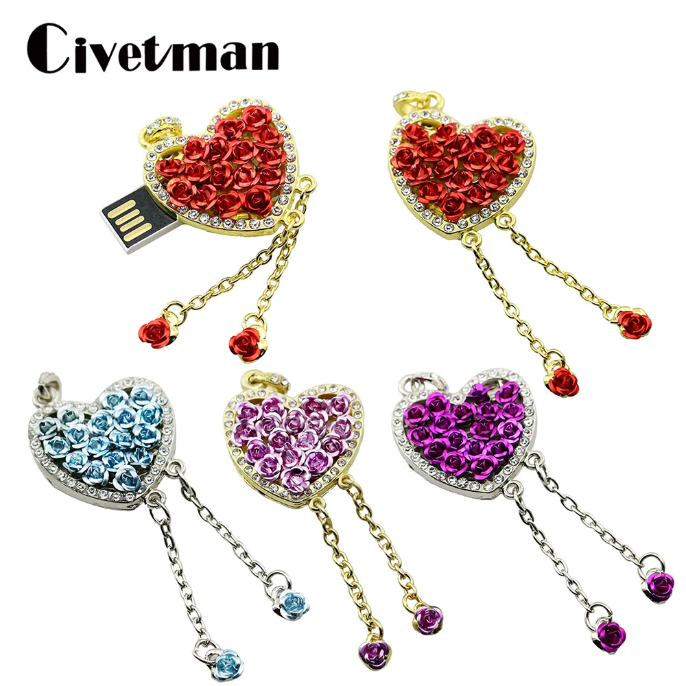 Металлический USB флеш накопитель с кристаллами любовь роза сердце 128 ГБ 8 16 32 64