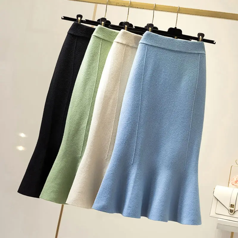 

Women High Waist Solid Color Mermaid Knitted Long Skirts 2021 Spring Autumn Elegant Street Wear Maxi Skirts for Women Y103
