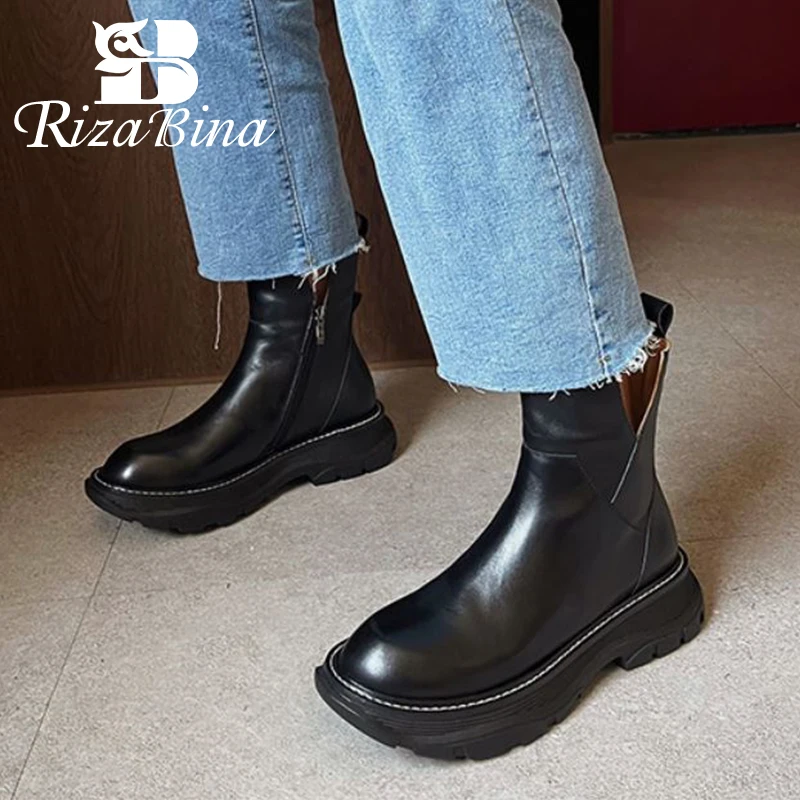 

RIZABINA New Women Ankle Boots Genuine Leather Zip Thick Bottom Shoes Women Fashion Short Boots Daily Women Footwear Size 34-40