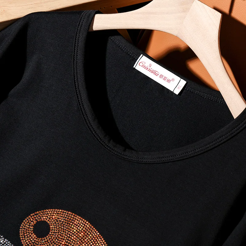 

2021 Summer Harajuku Loose Fish Drilling T-shirts Women Plus Size Diamonds T shirts Sexy Black Tshirt Fashion Tops Tees T253