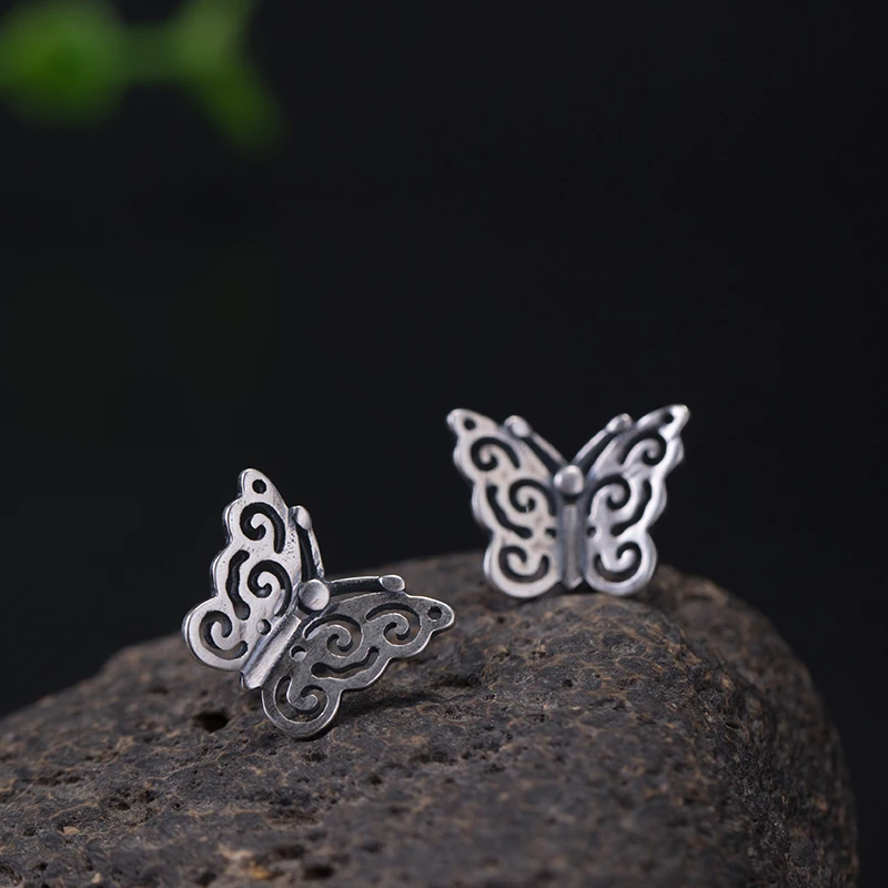 

VLA 925 Sterling Silver Personalized Hollow Butterfly Earrings Women's Creative Simple Design Retro Insect Earrings