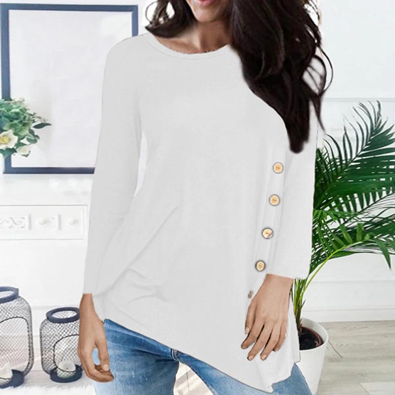 Женская свободная футболка с длинным рукавом и пуговицами тонкая длинная