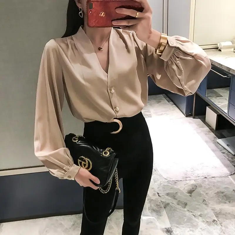 

2020 Autumn Winter Retro V-neck Shirt Women Long Sleeve Shirt Jacket Blusas Ropa De Mujer
