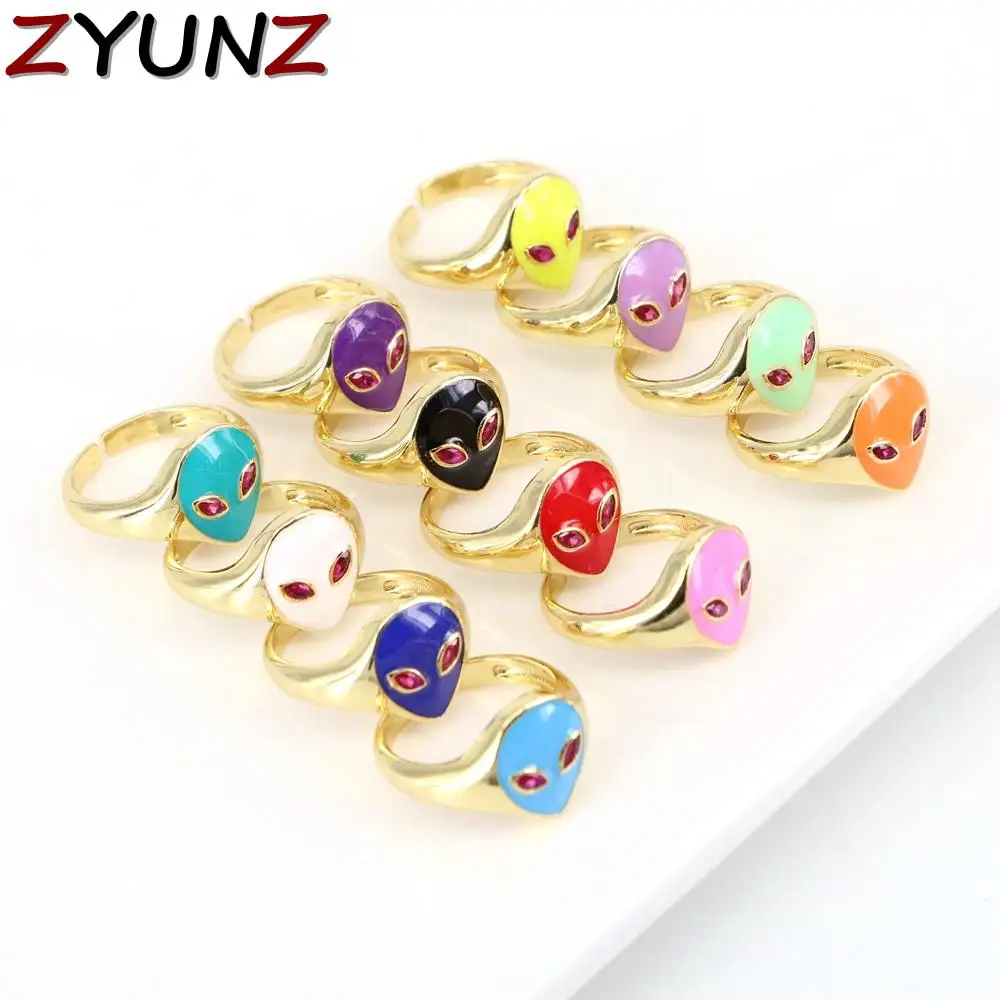 

5PCS, Cute Alien Metal Rings Gold Color Fashion Statement Multicolor Crystal Enamel Rings Unisex Best Jewelry Gift