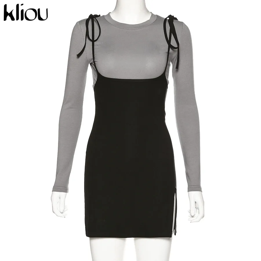 Kliou/осенний модный тонкий комплект из двух предметов Женская Повседневная серая