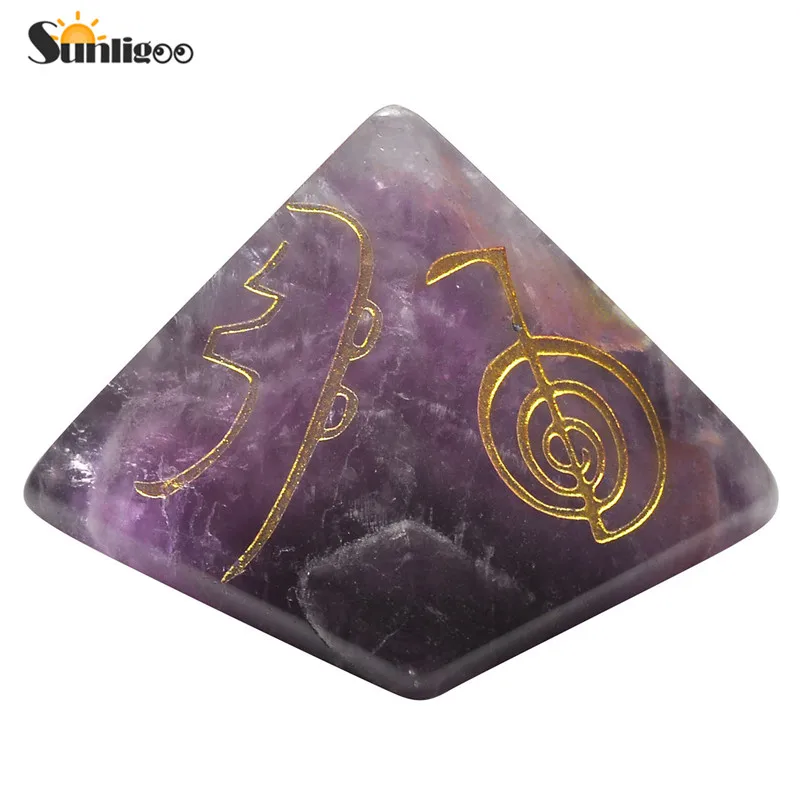 

Sunligoo Dropship Usui Reiki Symbol Pyramid Amethyst Crystal Piramide Healing Gemstone Etched Energy Ornament For Yoga Decor