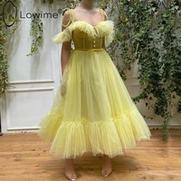 Simple Yellow Ankle Length Evening Dresses 2020 A Line Dot Tulle Prom Dresses Formal Dress