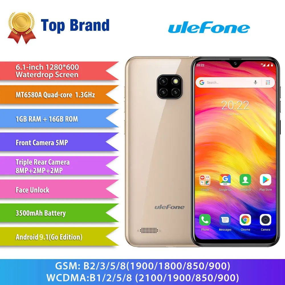 Ulefone Note 7 смартфон 3500 мАч 19:9 четырехъядерный 6,1 экран капли 16 Гб rom мобильный телефон Android 9,1