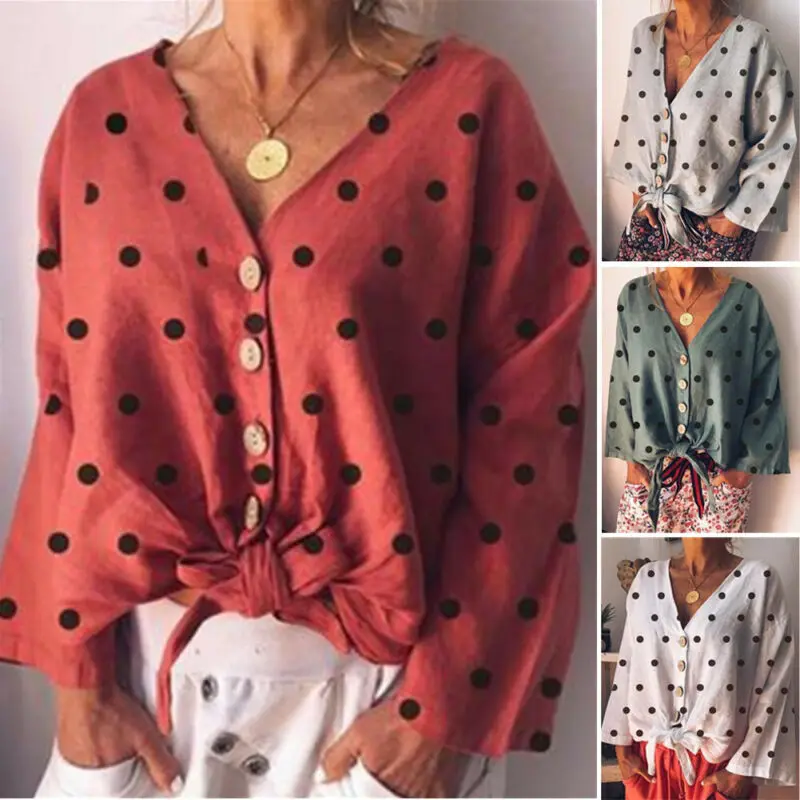 

Women Long Sleeve Casual Chiffon V-neck Polka Dot Pattern Loose T Shirts Fashion Ladies Summer Tee Tops Shirt Plus Size